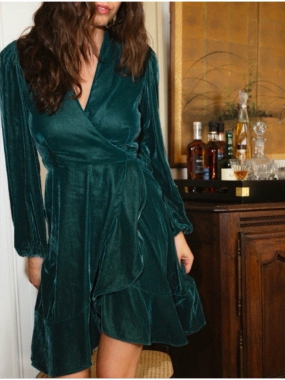 Summersalt Womens Velvet Wrap Dress Emerald Green High Low Ruffle Holiday Size 4